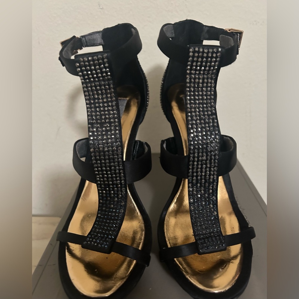 BCBGMaxAzria Lilie black satin crystal stilettos